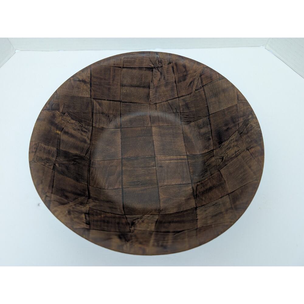 Vintage Handcrafted Wood Bowl Rustic Checkerboard Pattern Mid Century Modern